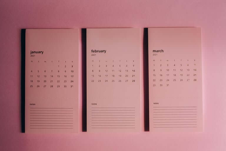 Stylish pink calendar featuring months of January, February, and March 2021 in a minimalist design.